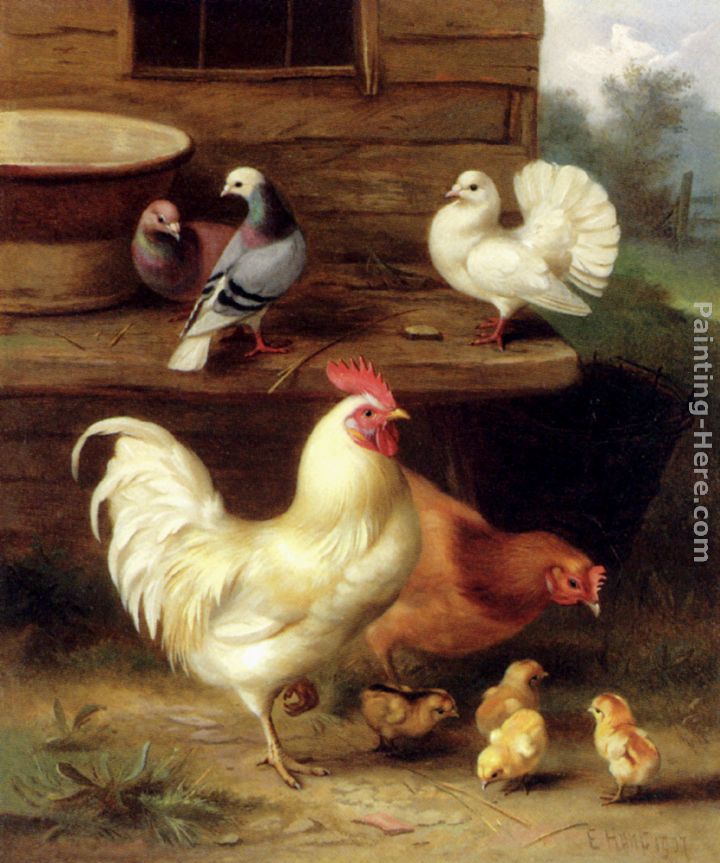 A Cockerel, Hen And Chicks With Pigeons painting - Edgar Hunt A Cockerel, Hen And Chicks With Pigeons art painting